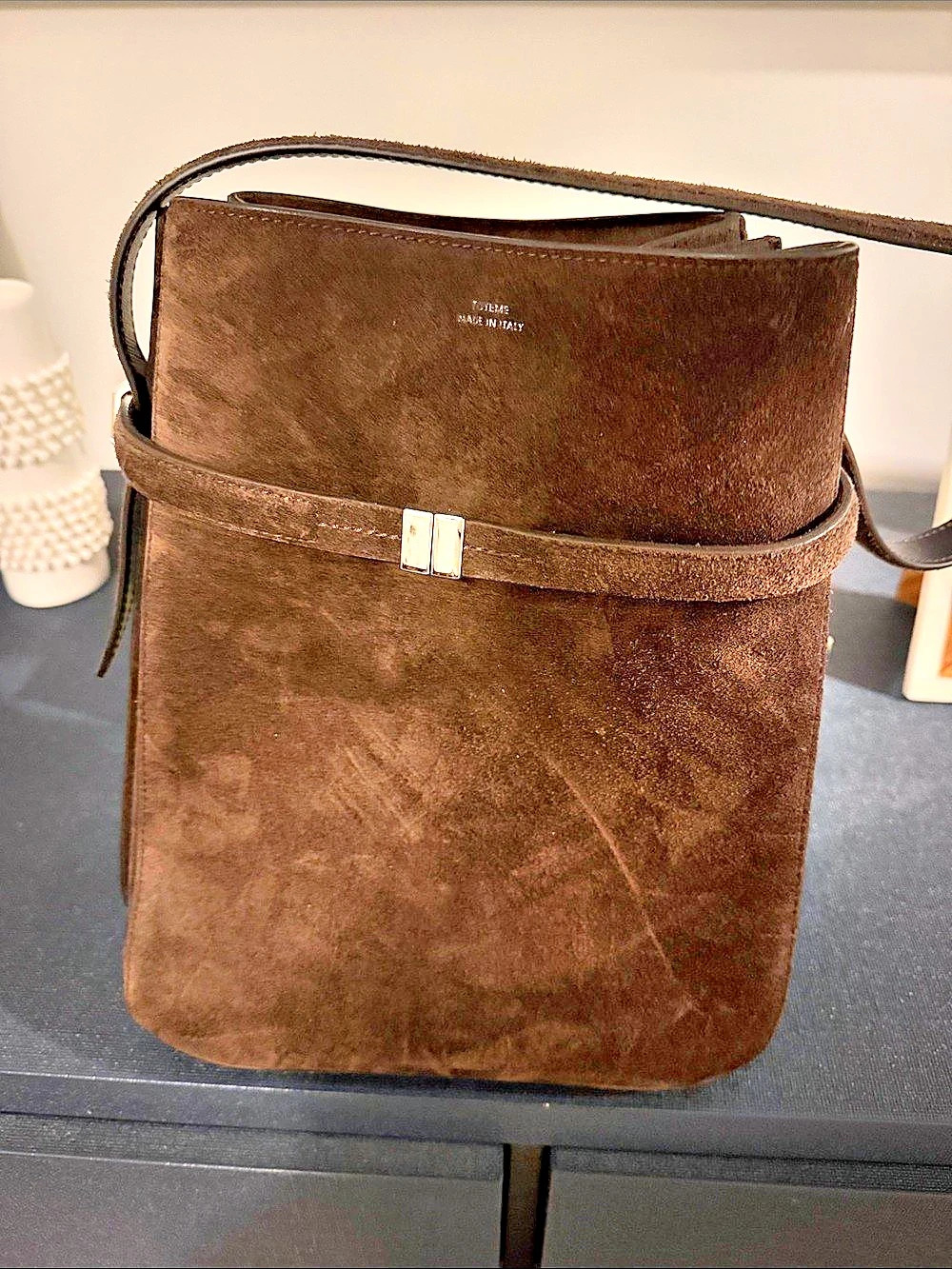 TOTEME Belted Suede Bucket Bag Brown Suede Crossbody Bag